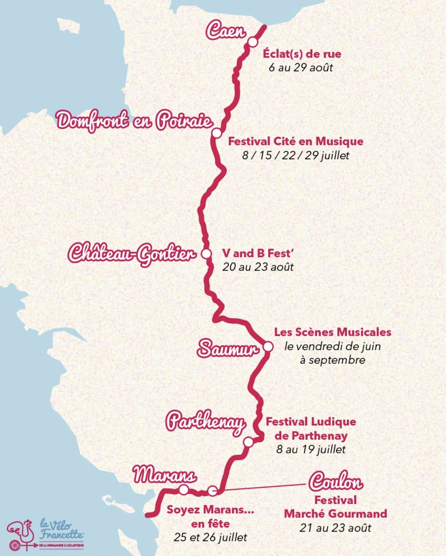 Carte de la vélo francette avec les événements de la saisons estivale dans les grandes villes du parcours